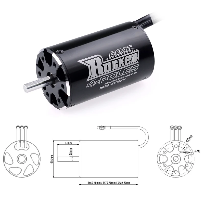 Rocket RC 3660 3670 3680 3250KV 2600KV 880KV 1100KV 4300KV Brushless Motor for M41 Catamaran Spartan 800mm-1000mm RC Boat