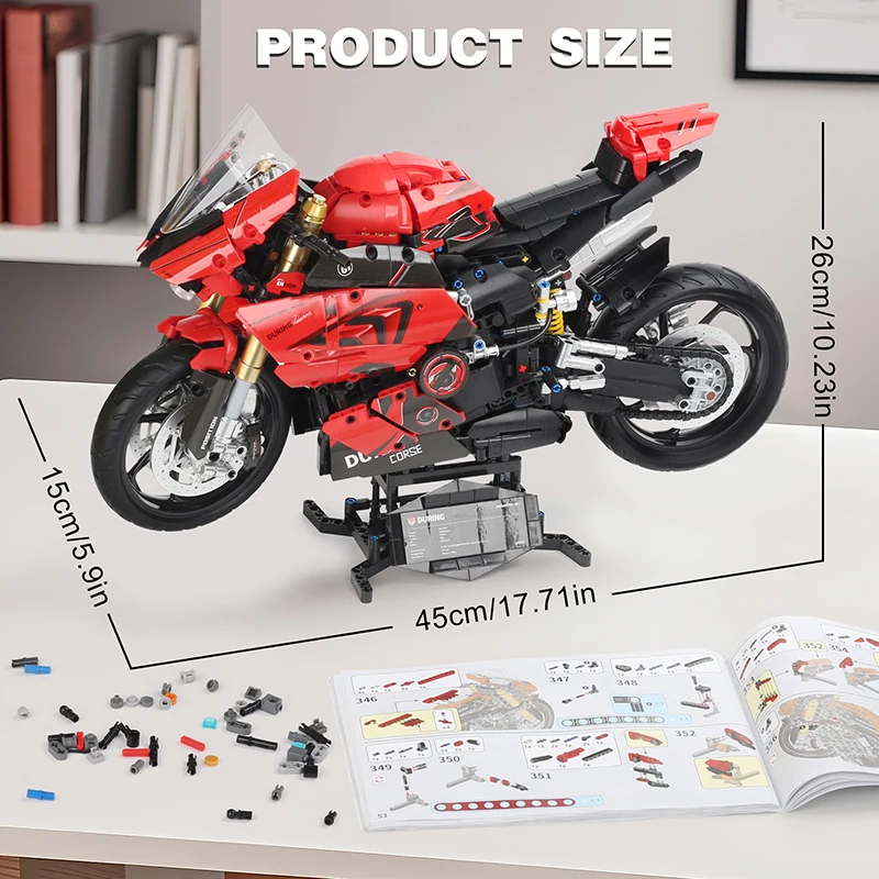 2000PCS Red V4 Motorcycle Building Blocks, 1:5 Scale Large Sports Racing Motorbike Model Kit, Collectible Toys for Teens & Adult