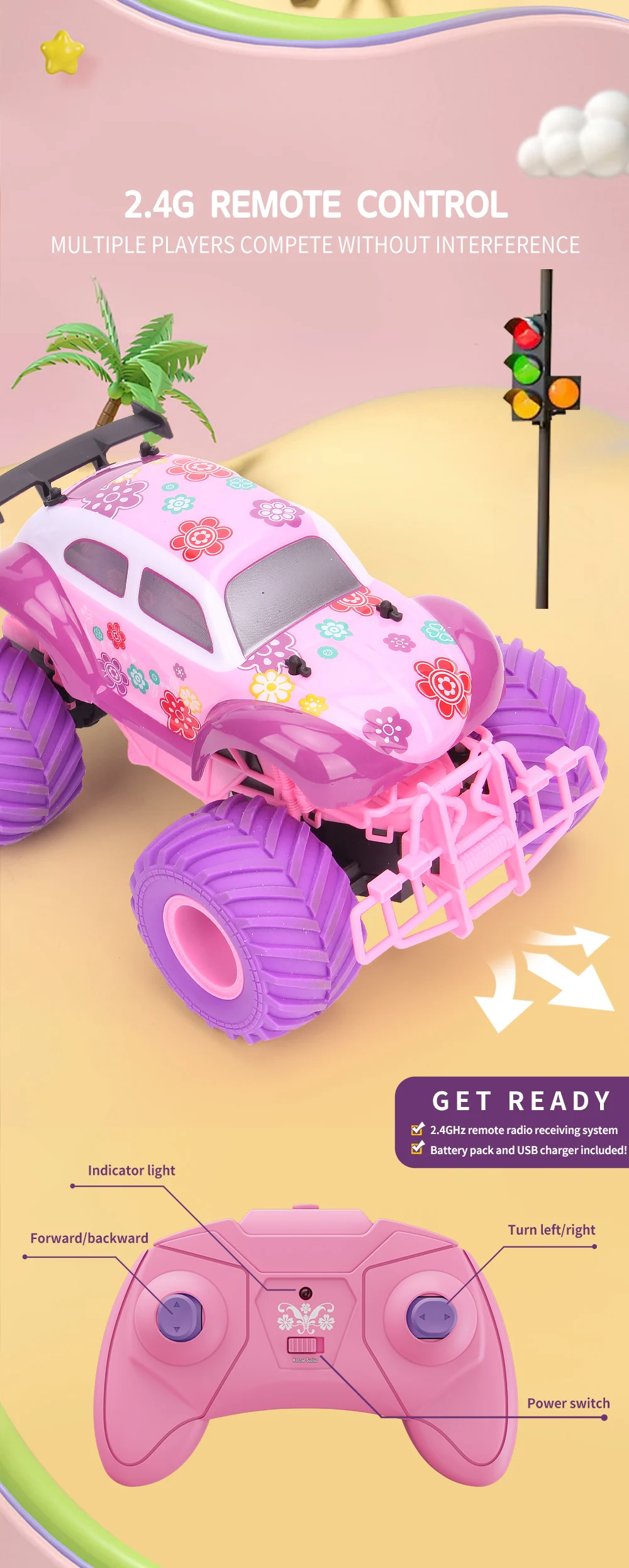 Pink RC Car Pickup Truck Electric Climbing Drop-resistant Stunt Remote Control Toy For Children Party Gift Christmas Ornament