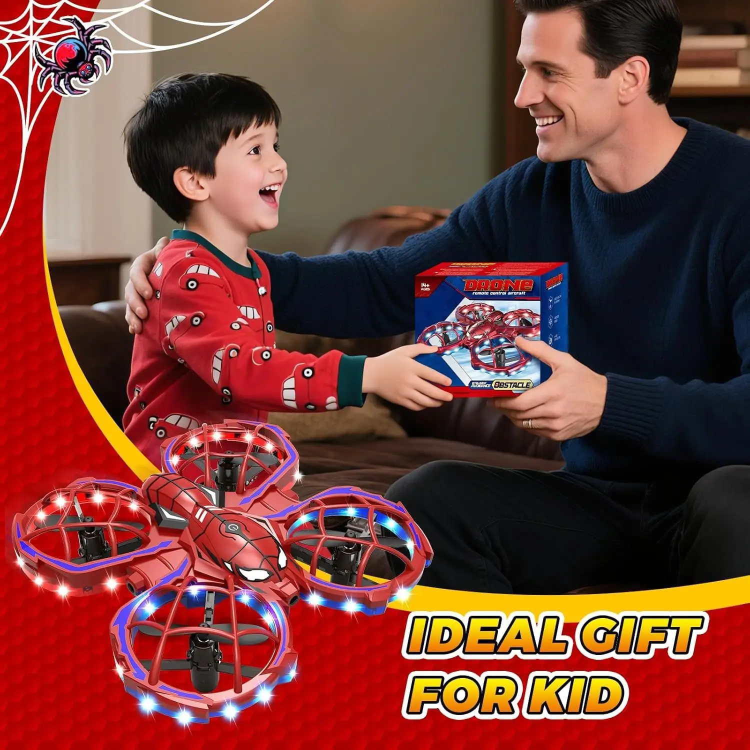 Mini Spider Drone 3-Speed Modes Red, Obstacle Avoidance, Headless Mode, Beginner Flight Training, Kids Gift Toy