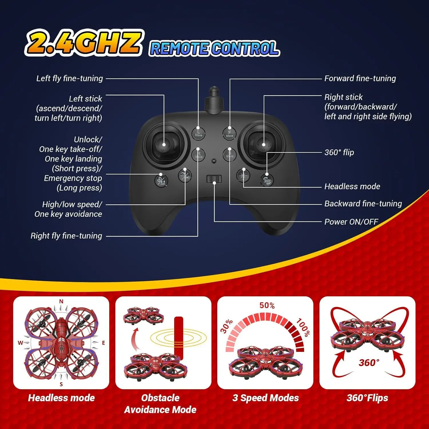 Mini Spider Drone 3-Speed Modes Red, Obstacle Avoidance, Headless Mode, Beginner Flight Training, Kids Gift Toy