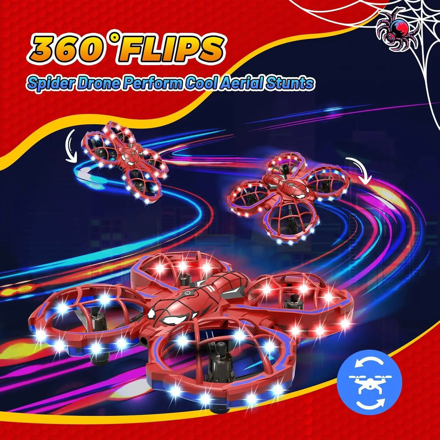 Mini Spider Drone 3-Speed Modes Red, Obstacle Avoidance, Headless Mode, Beginner Flight Training, Kids Gift Toy