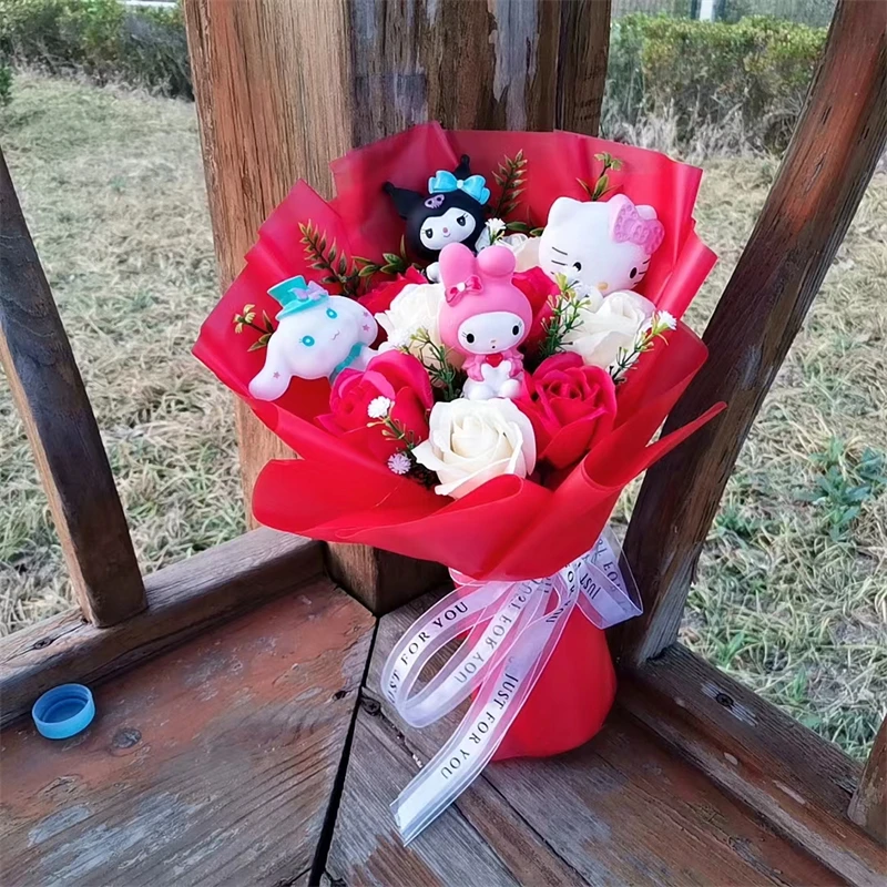 Anime Kuromi My Melody Cinnamoroll Hello Kitty Rose Flower Cartoon Plush Bouquet Valentine's Day Christmas Graduation Gift