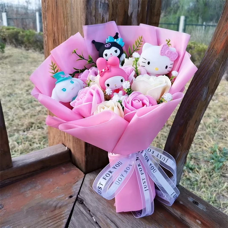 Anime Kuromi My Melody Cinnamoroll Hello Kitty Rose Flower Cartoon Plush Bouquet Valentine's Day Christmas Graduation Gift
