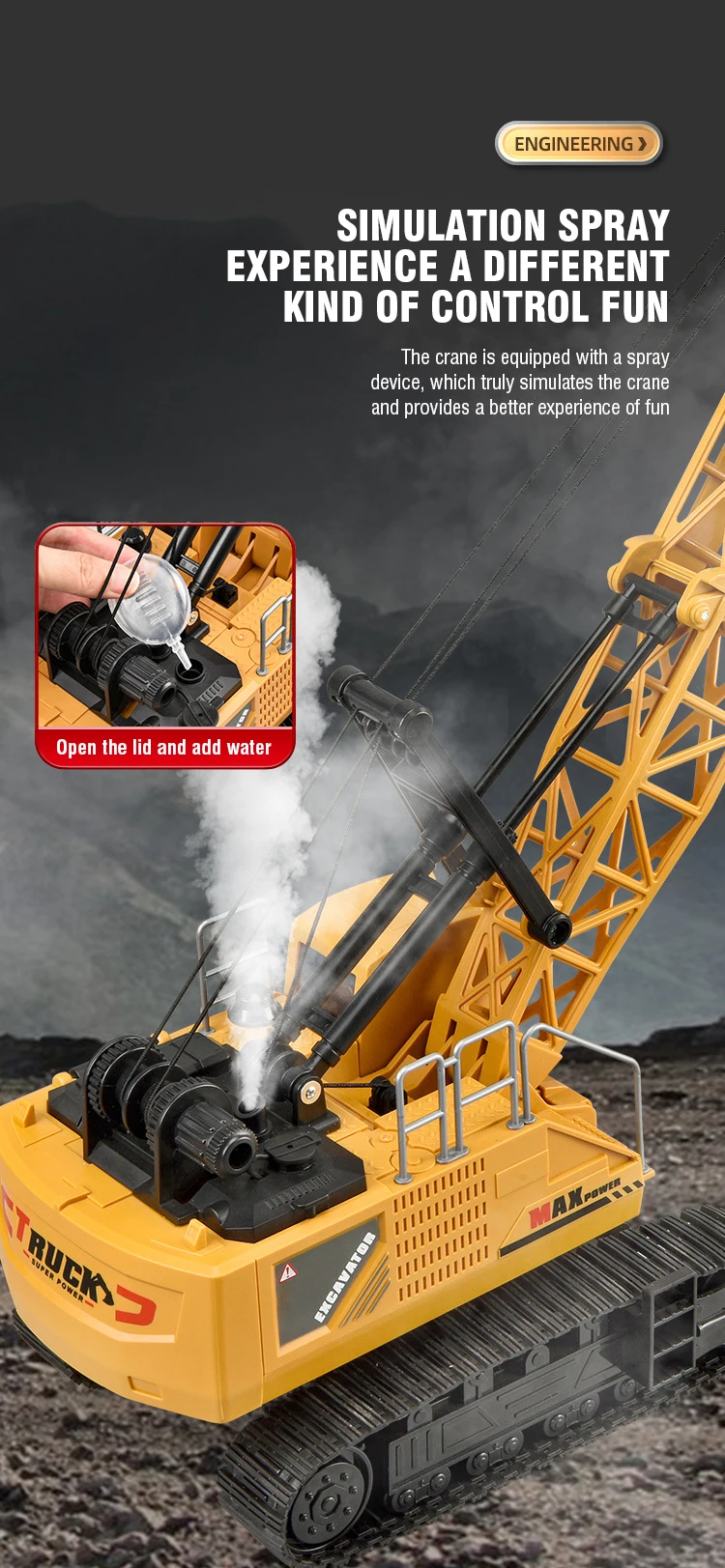 RC Crane Tractor 2.4G 15/13/11/9CH Children Electric Alloy Arm Remote Control Truck Engineering Vehicle Electric Spray Xmas Gift