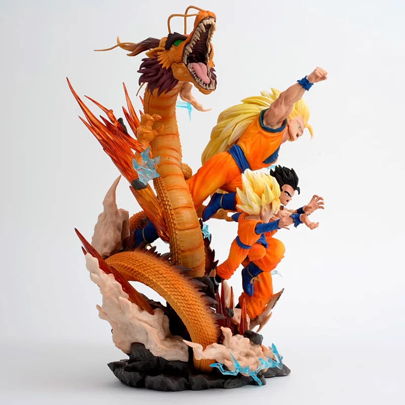 27cm Dragon Ball Anime Figures Goku Gohan Super Saiyan Super 3 Shenron Father And Son Three People Model Statue Toy Birthday Gif
