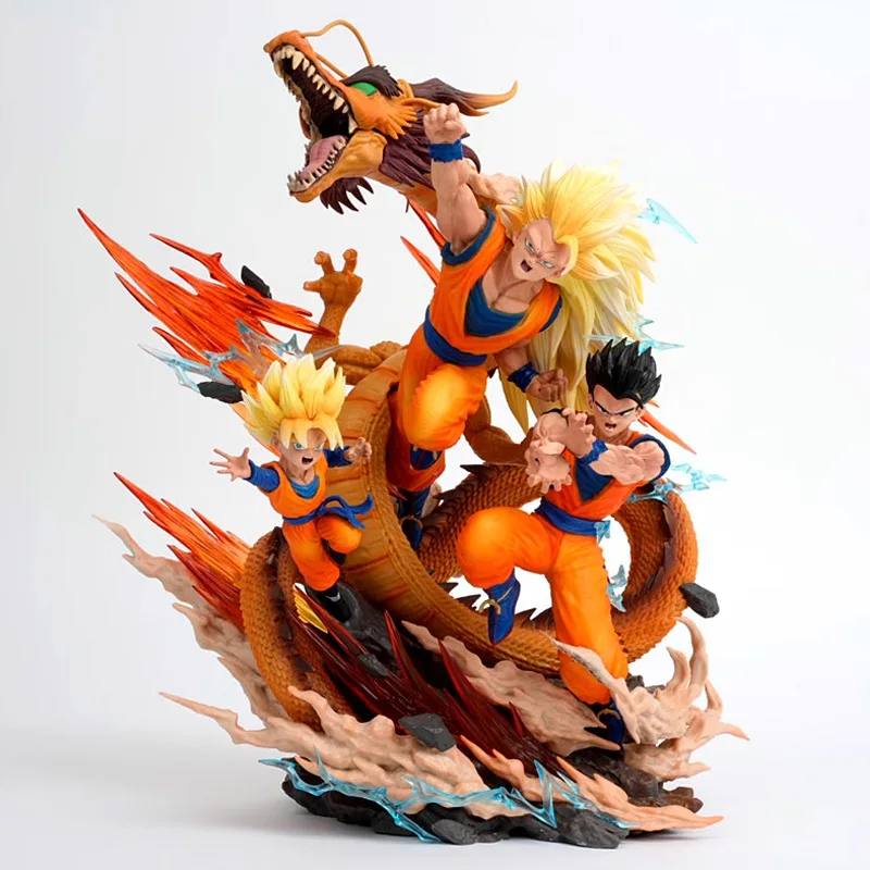 27cm Dragon Ball Anime Figures Goku Gohan Super Saiyan Super 3 Shenron Father And Son Three People Model Statue Toy Birthday Gif