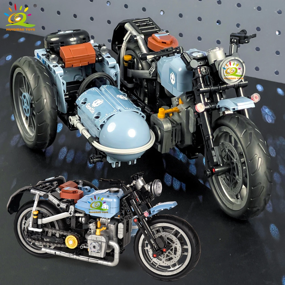HUIQIBAO Vintage Sidecar Motorcycle Building Blocks Model Assembly Bricks Toy Retro Three Wheeled Motorbike Collectible For Kids