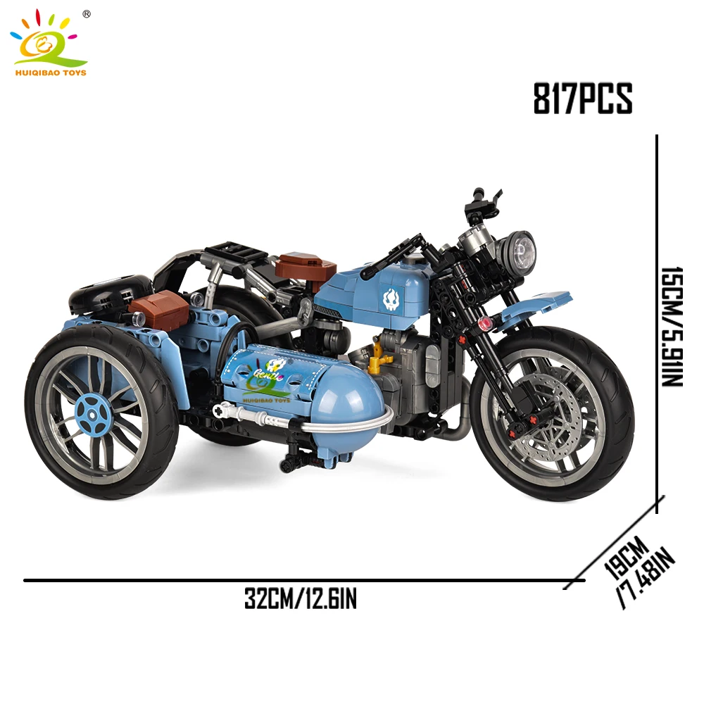 HUIQIBAO Vintage Sidecar Motorcycle Building Blocks Model Assembly Bricks Toy Retro Three Wheeled Motorbike Collectible For Kids