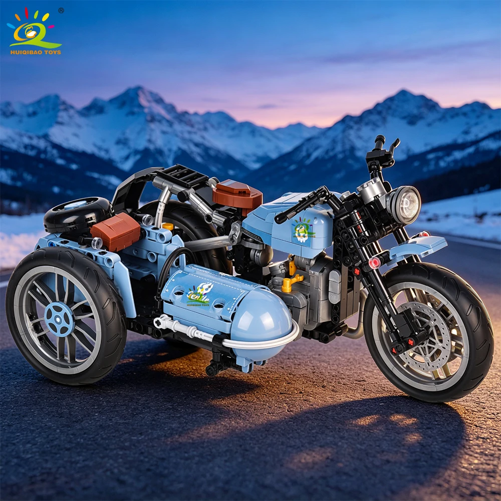 HUIQIBAO Vintage Sidecar Motorcycle Building Blocks Model Assembly Bricks Toy Retro Three Wheeled Motorbike Collectible For Kids