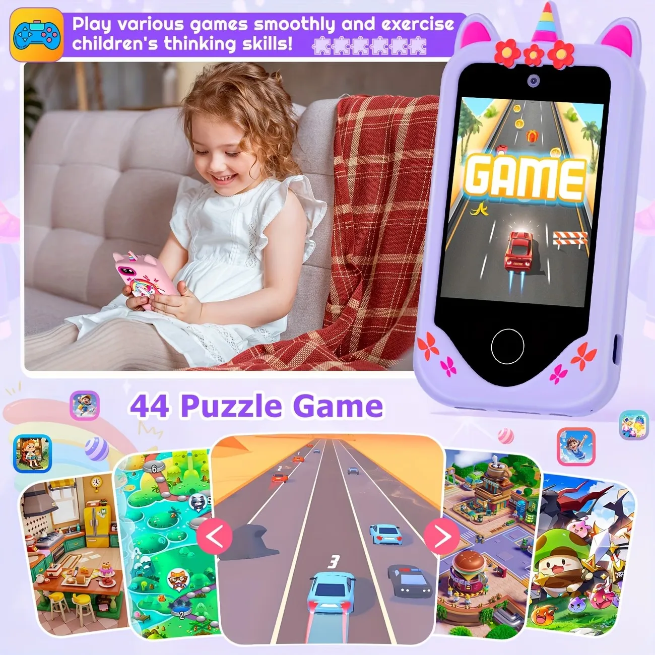 Smart Phone MP3 Player Camera Toys Digital Camera Kids Touchscreen Unicorn Baby Mobile Educational Toys for Girls Boys Age 3-8