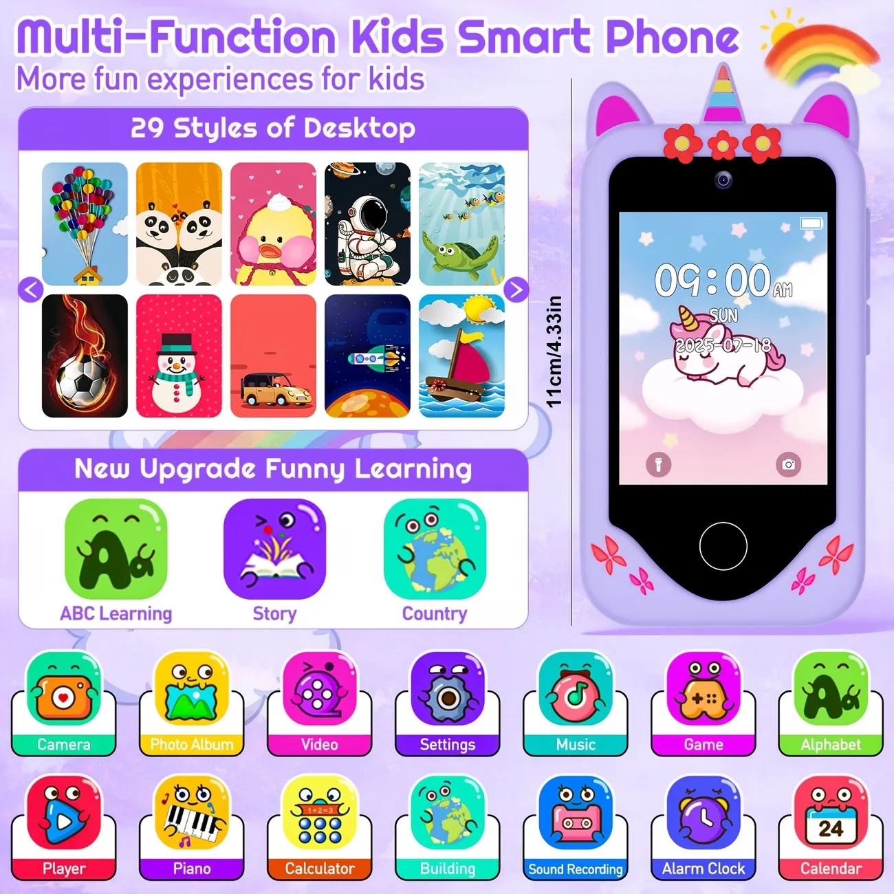 Smart Phone MP3 Player Camera Toys Digital Camera Kids Touchscreen Unicorn Baby Mobile Educational Toys for Girls Boys Age 3-8