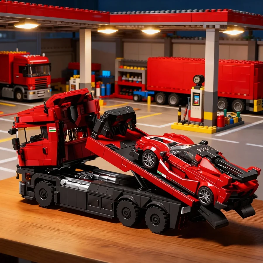 Heavy Transport Truck and Sports Car Building Block Model, High Difficulty for Adults, Birthday Gift, Christmas Gift