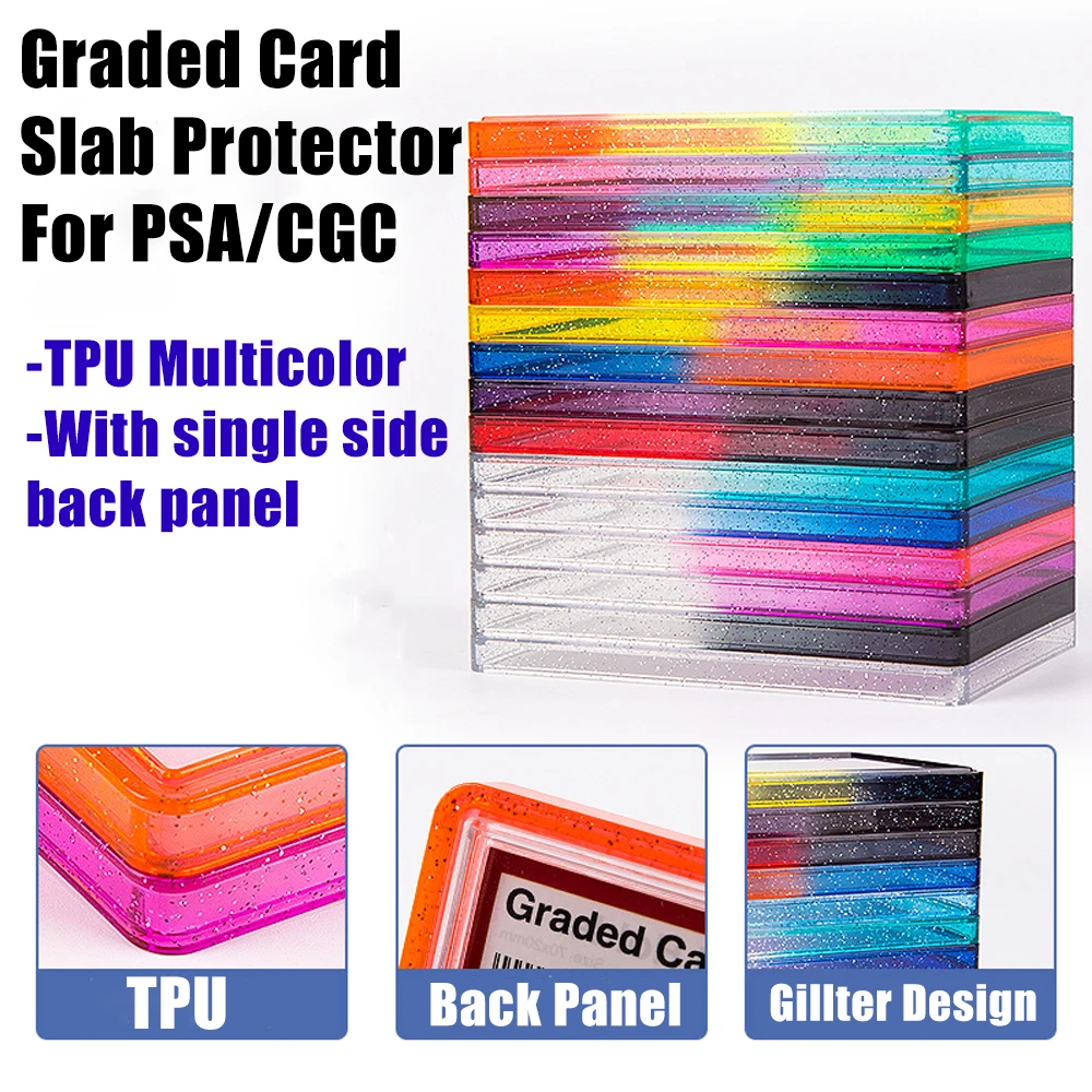 Multicolor Gillter Stackable Slab Case for PSA CGC 35PT Graded Card, TPU Slab Bumper Protector with Back Panel For PTCG Cards