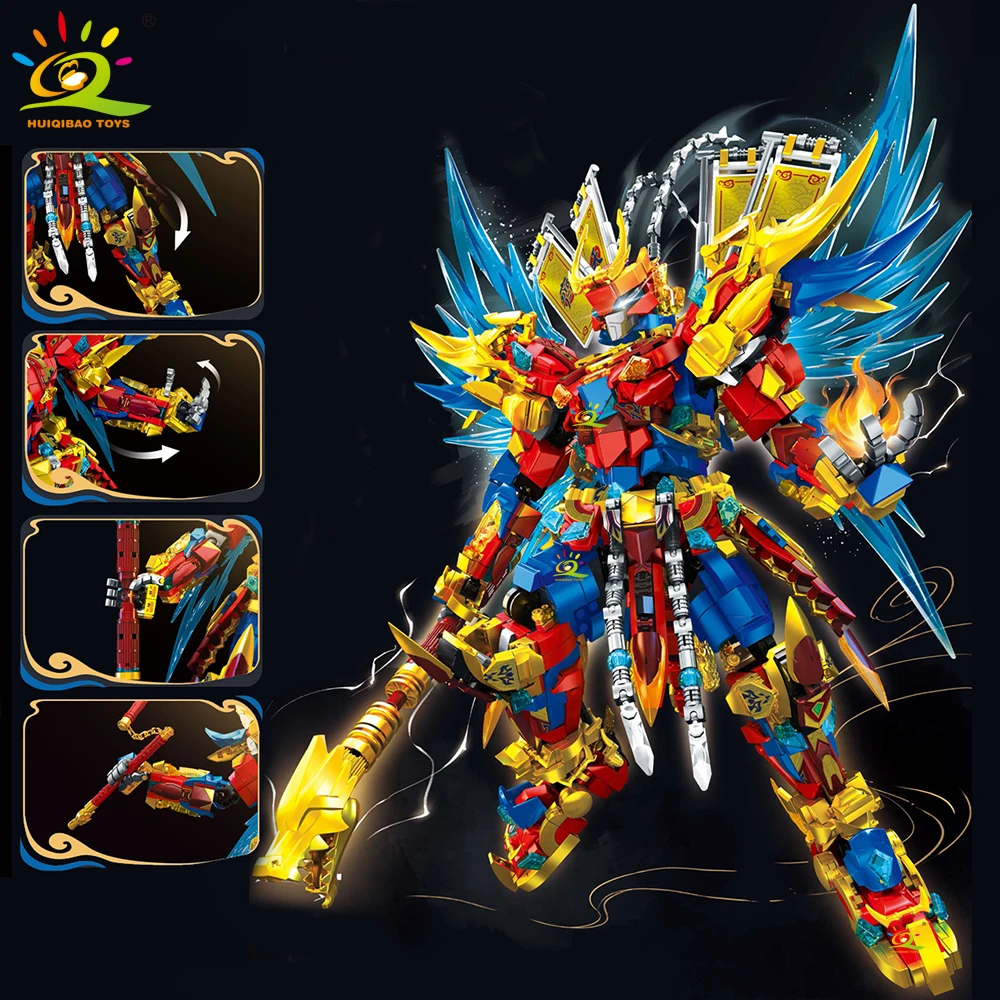 HUIQIBAO SunWuKong Warrior Mech Robot Building Blocks MOC Chinoiserie Action Figure Brick Children City Construction Display Toy