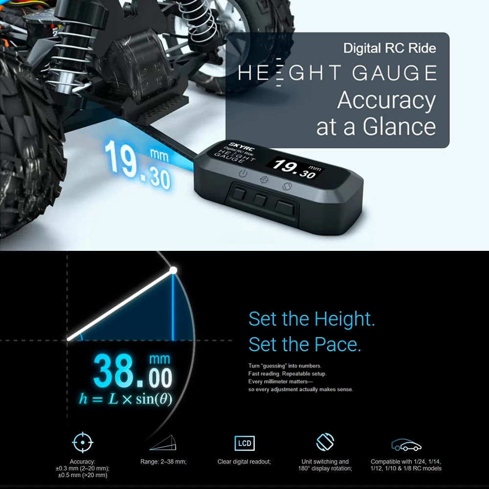 SkyRC RC Ride Height Gauge Digital 0.1mm Precision 2–38mm Range for 1/24–1/8 Cars
