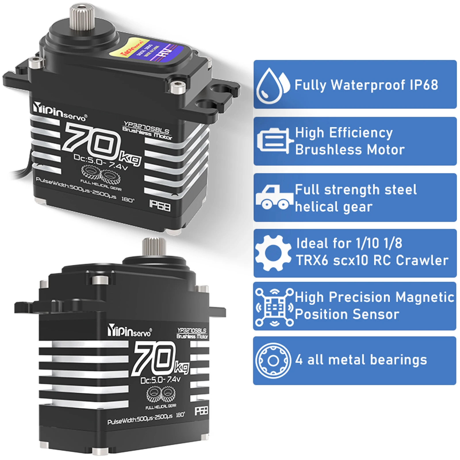 70kg Digital Servo 8.4V 180 Degree Brushless RC Servo Motor High Torgue IP68 Steel Helical Gear with 25T Servo Arm 1/8, 1/10 Car