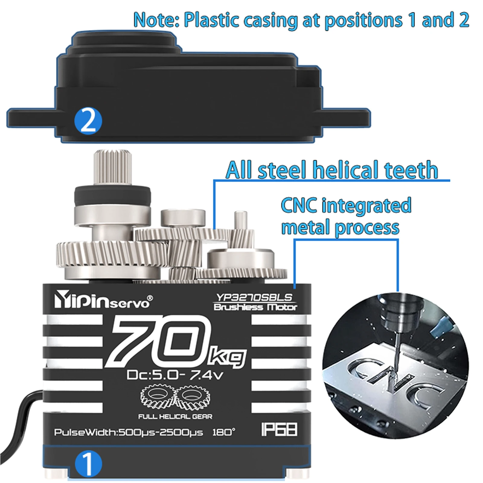 70kg Digital Servo 8.4V 180 Degree Brushless RC Servo Motor High Torgue IP68 Steel Helical Gear with 25T Servo Arm 1/8, 1/10 Car