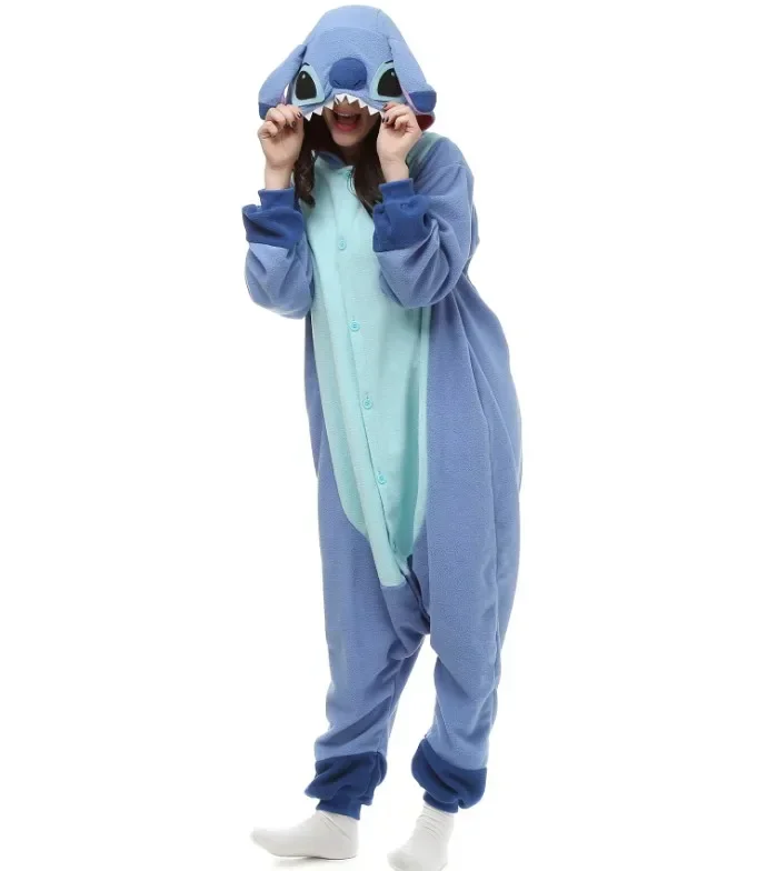 Stitch Onesies Kigurumi Animal Pajamas Unisex Adult Fleece Hooded Jumpsuits Sleepwear Anime Party Halloween Cosplay Costume