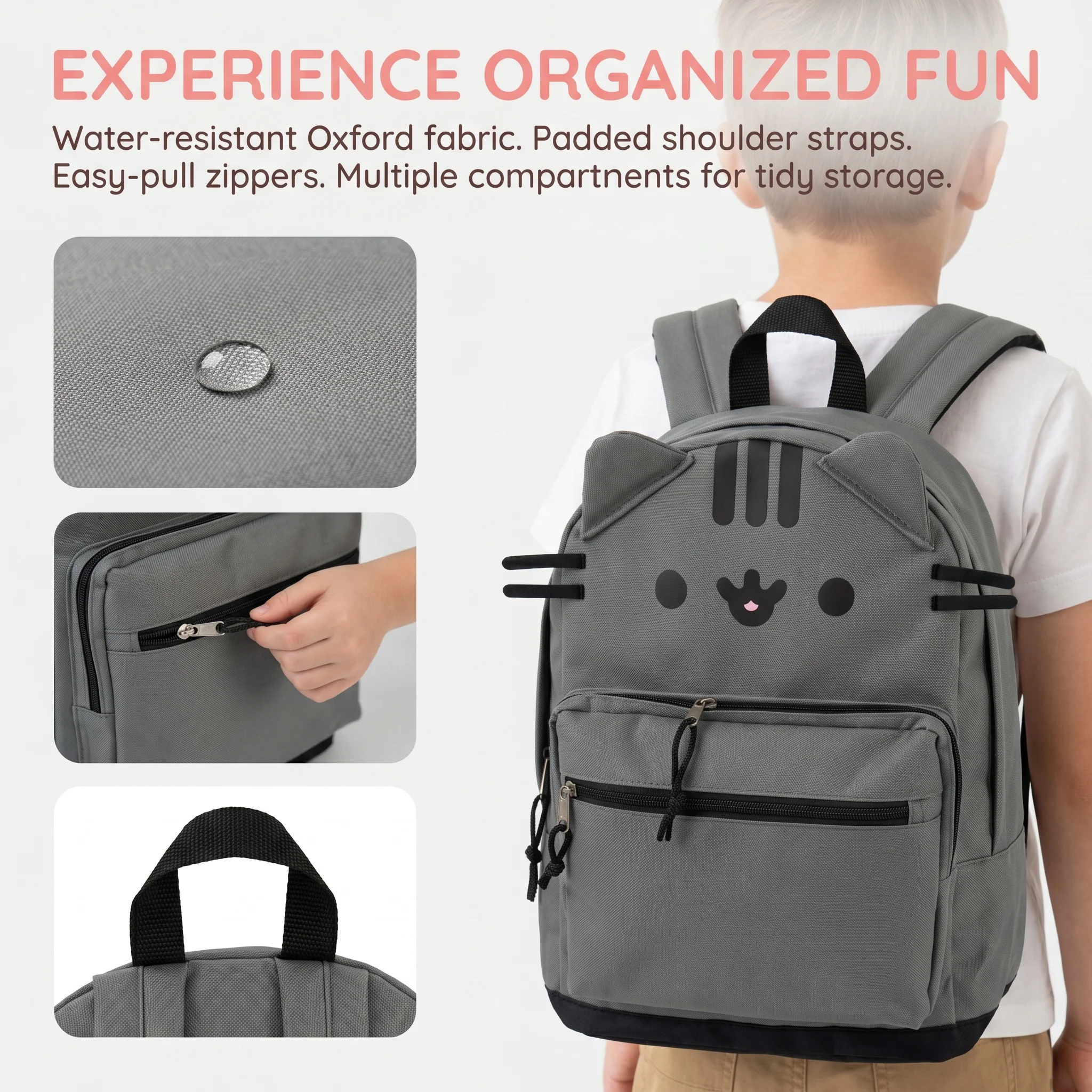 Hot Pusheen Style Cute Grey Cat Backpack School Bag with Multi-Compartment & Padded Straps Casual Daypack for Birthday gift
