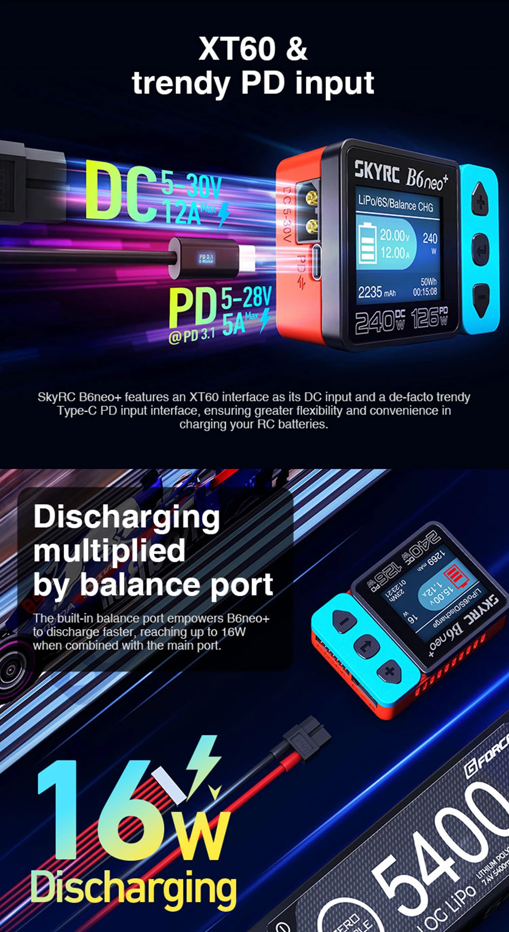 SKYRC B6neo+ Smart Charger High Power DC240W PD126W Multilanguage Balance Charger New B6neo Plugs