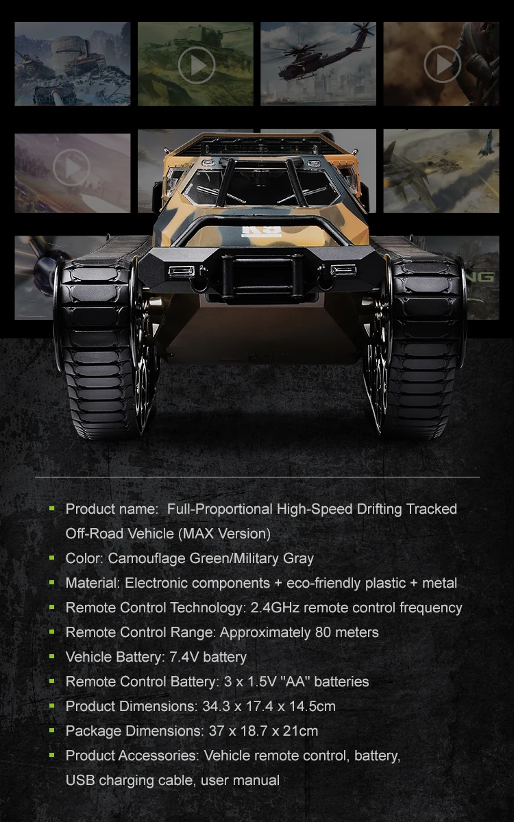 C8812/ C8812 MAX LED Light Full Scale Tracked Tank Simulation Model Toy RC Car Drift Remote Control Off-Road Vehicle for Kids