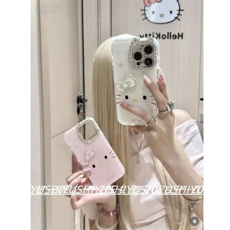 Cute cartoon Cat Pattern Shiny Crystal iPhone Case 17 16 13 14 15 Pro Max Plus Transparent Protective Case for Girls as a Gift