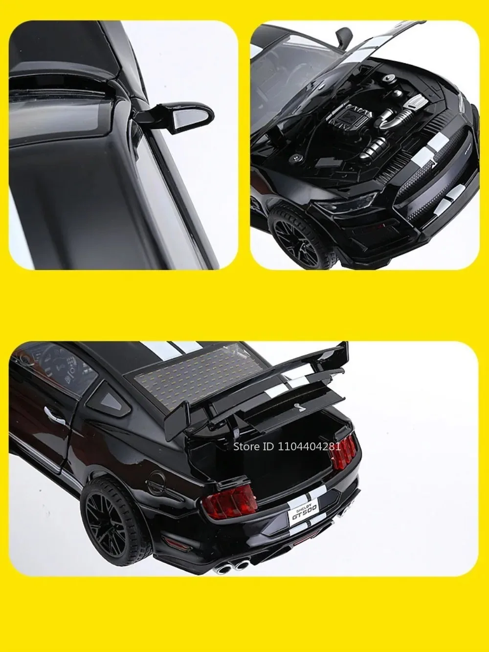 1:18 Mustang GT500 Accord Alloy Cars Diecast Models Toys 4 Doors Opened with Sound Light Pull Back Vehices Kids Birthday Present