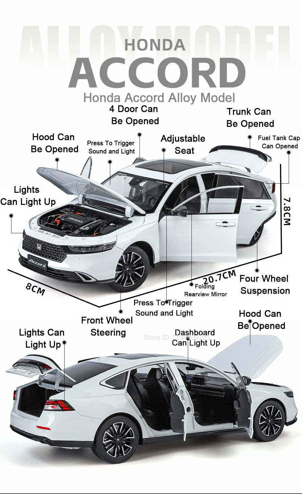 1:18 Mustang GT500 Accord Alloy Cars Diecast Models Toys 4 Doors Opened with Sound Light Pull Back Vehices Kids Birthday Present