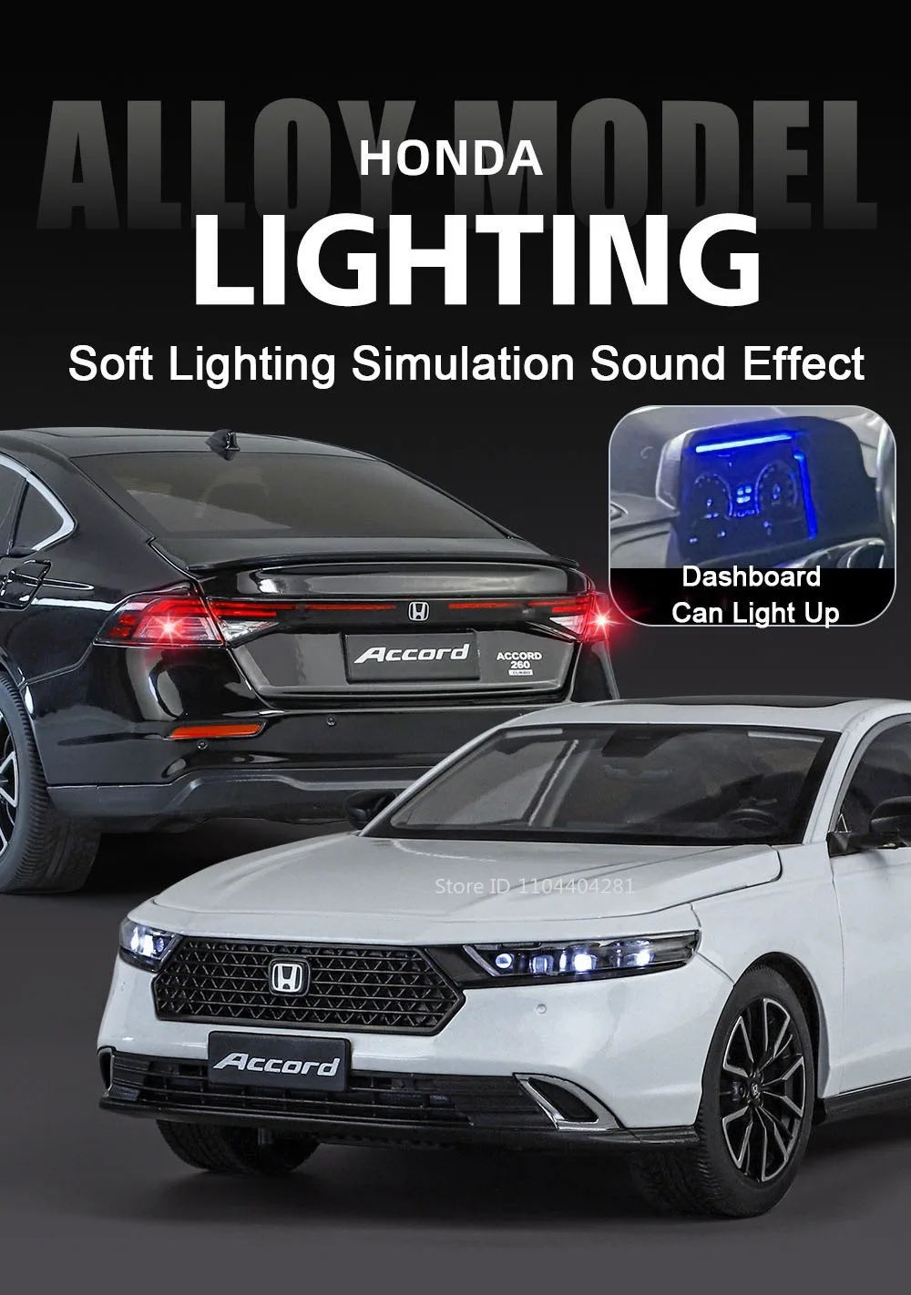 1:18 Mustang GT500 Accord Alloy Cars Diecast Models Toys 4 Doors Opened with Sound Light Pull Back Vehices Kids Birthday Present