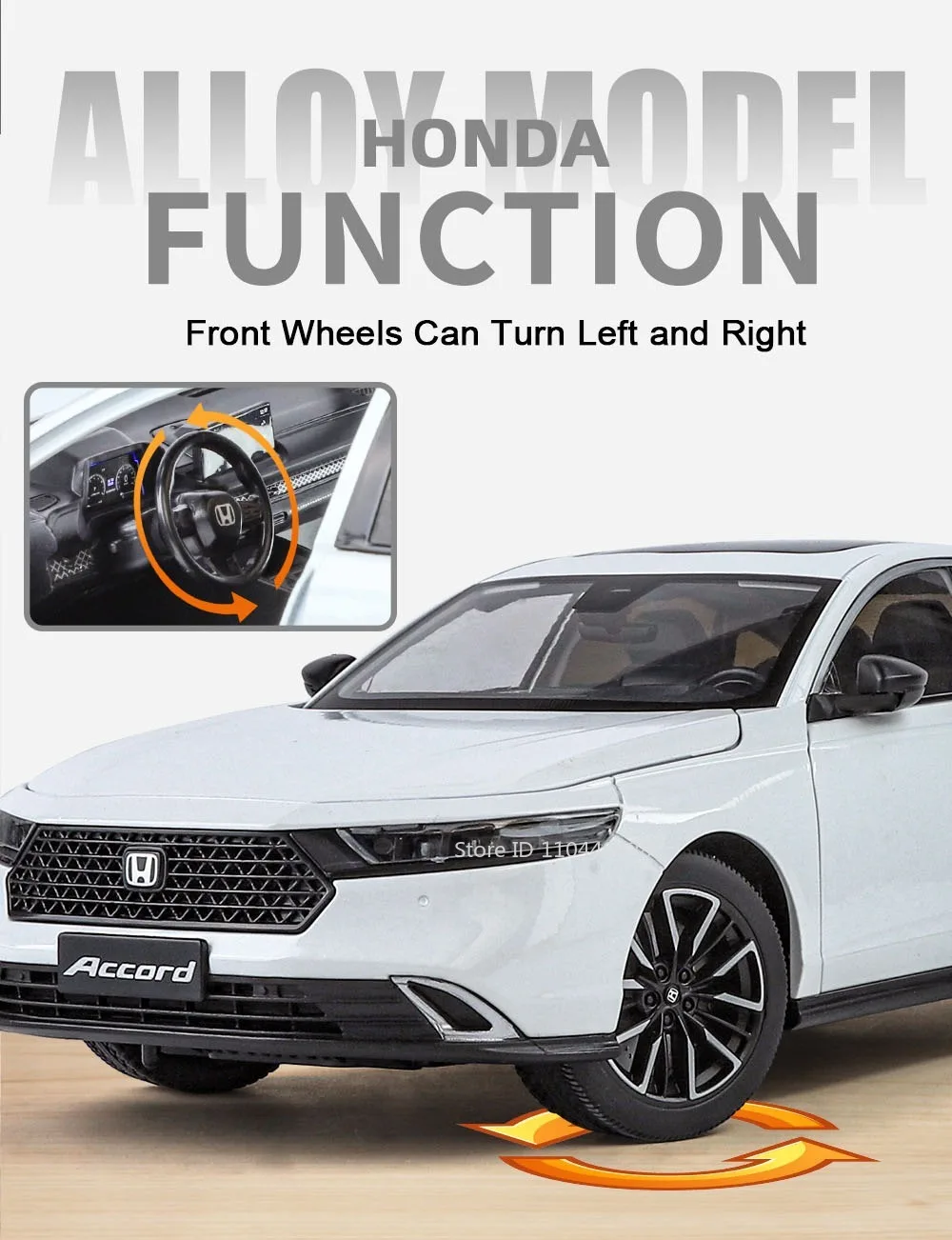 1:18 Mustang GT500 Accord Alloy Cars Diecast Models Toys 4 Doors Opened with Sound Light Pull Back Vehices Kids Birthday Present