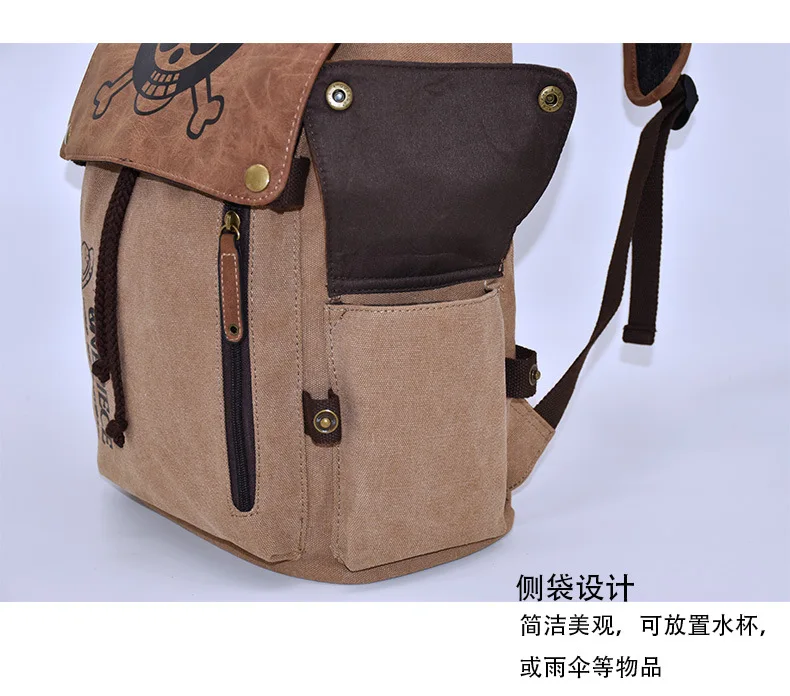One Piece Anime Backpack Vintage Canvas School Bag Straw Hat Pirate Skull Print Travel Daypack for Men Women