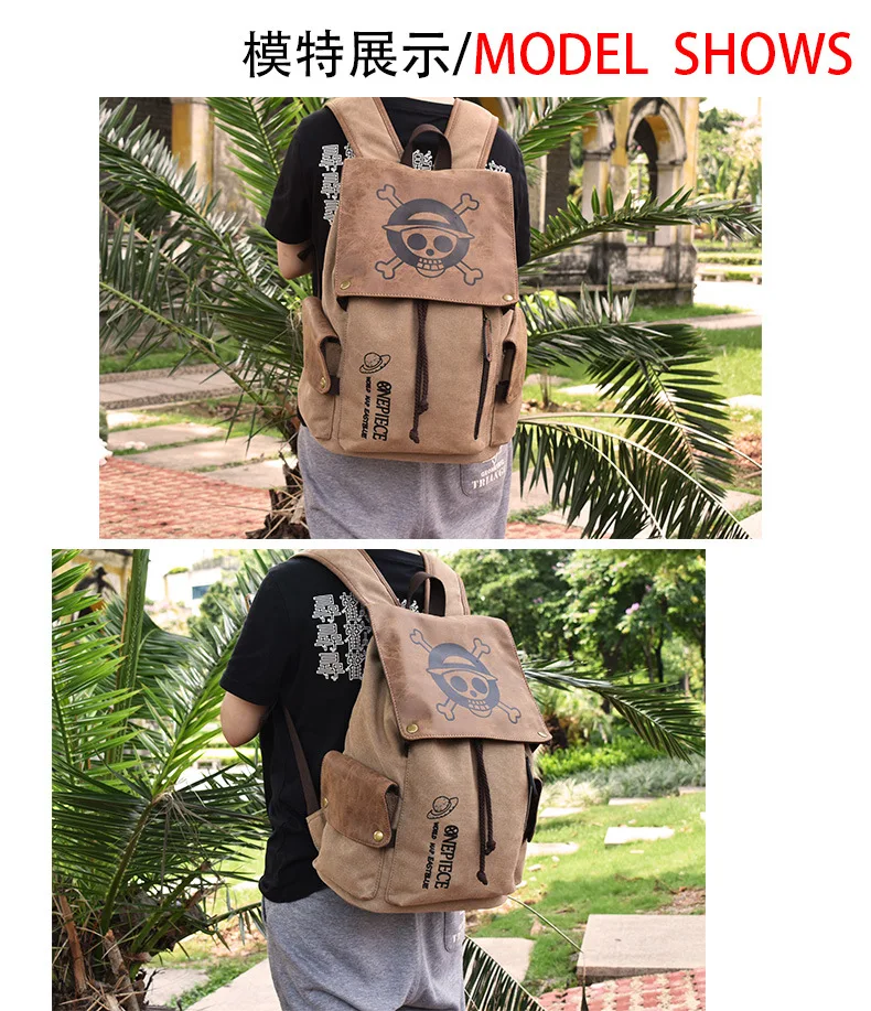 One Piece Anime Backpack Vintage Canvas School Bag Straw Hat Pirate Skull Print Travel Daypack for Men Women