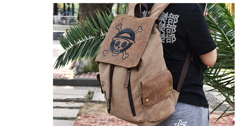 One Piece Anime Backpack Vintage Canvas School Bag Straw Hat Pirate Skull Print Travel Daypack for Men Women