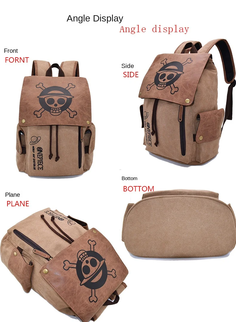 One Piece Anime Backpack Vintage Canvas School Bag Straw Hat Pirate Skull Print Travel Daypack for Men Women
