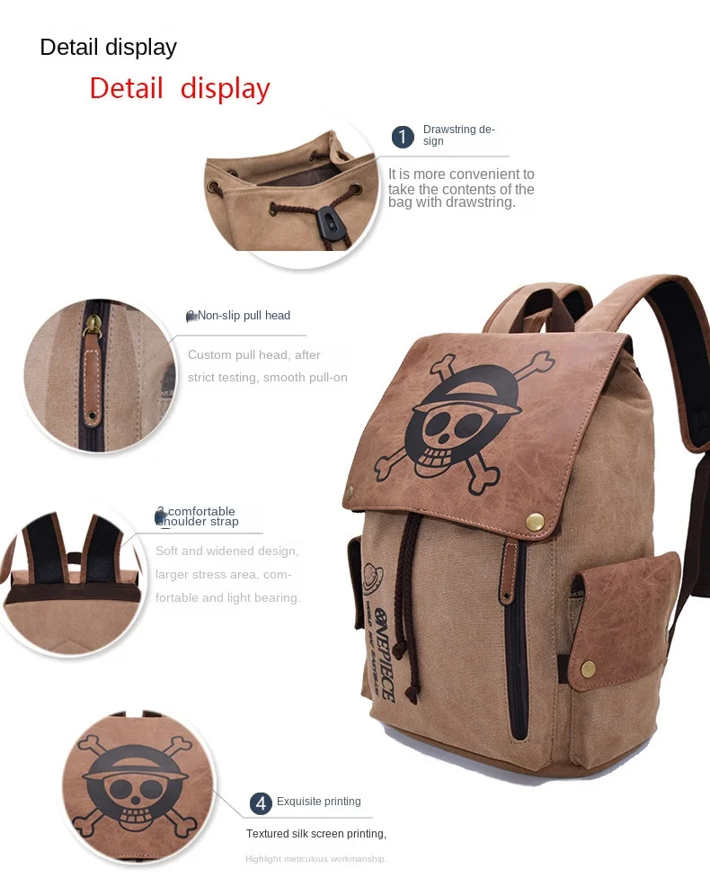 One Piece Anime Backpack Vintage Canvas School Bag Straw Hat Pirate Skull Print Travel Daypack for Men Women