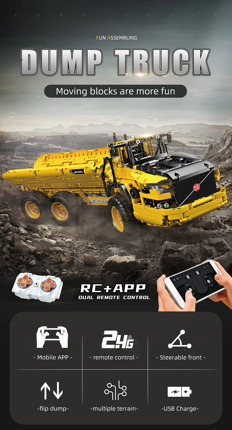 Mould King 17010 Technical Car Toys The APP&RC Motorized MOC-8002 RC Dump Truck Model Building Blocks Kids Christmas Gifts