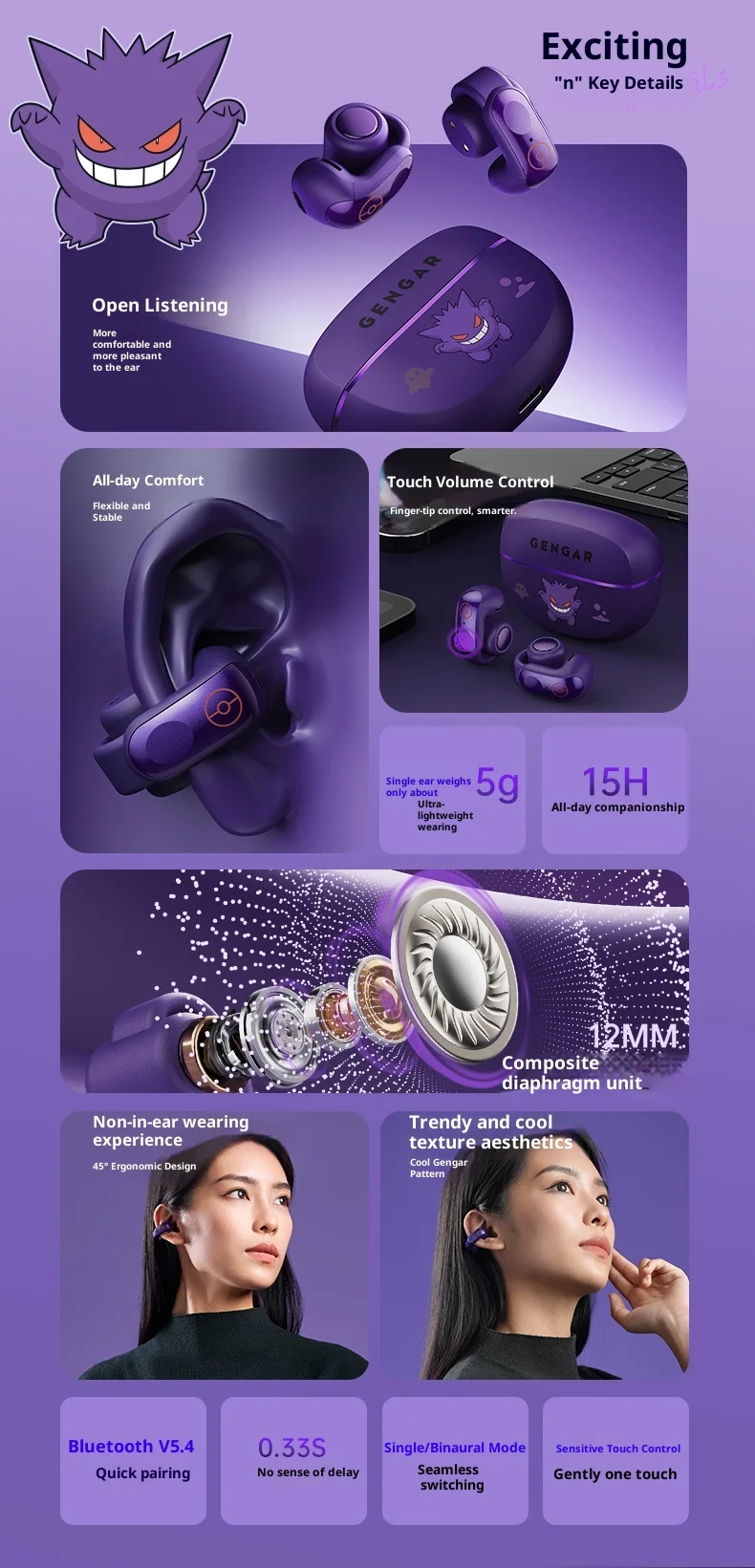 Anime‑Theme Ear Clip Bluetooth Headset, Hifi Stereo Wireless Sports Earbuds, Long Battery Life Trendy Collectible Gift For Hobby