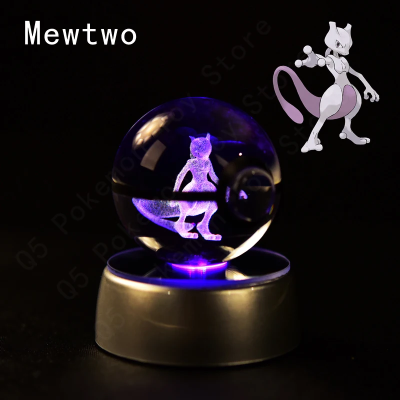 Pokemon 3D Crystal Ball Pikachu Gengar Mew Mewtwo Figurines Lamp Base Pokeball 3D Pokemon Glass Ball Statue Birthday Gift