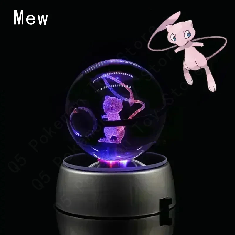 Pokemon 3D Crystal Ball Pikachu Gengar Mew Mewtwo Figurines Lamp Base Pokeball 3D Pokemon Glass Ball Statue Birthday Gift