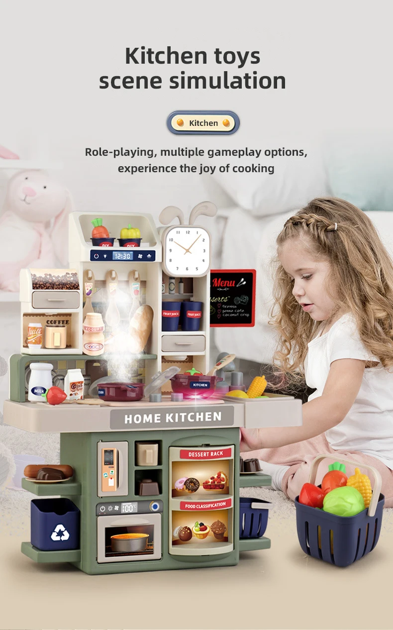 Children Kitchen Toys Set Simulated Tableware Kitchen Counter Play Set with Lights Spray DIY Toy for Girls Kids Birthday Gifts