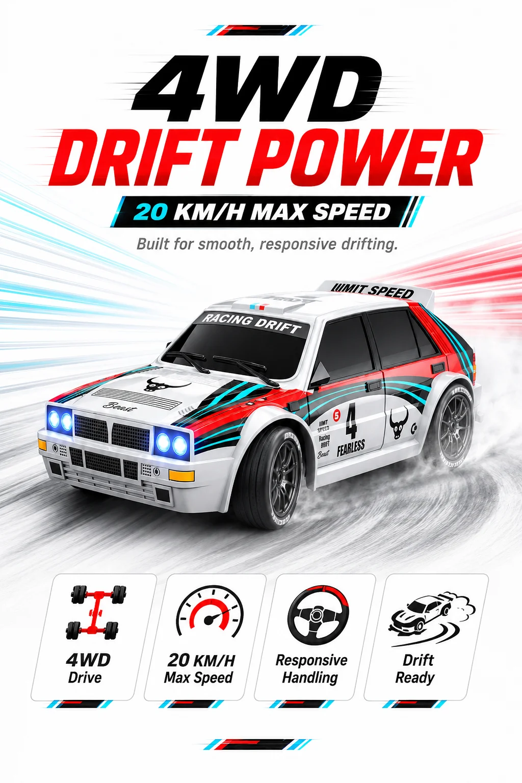 1:24 Remote Control Car Racing Mode 20Km/H Collision Resistant Drift Stunt Car Replaceable Tires Taillights 4Wd Toy Car