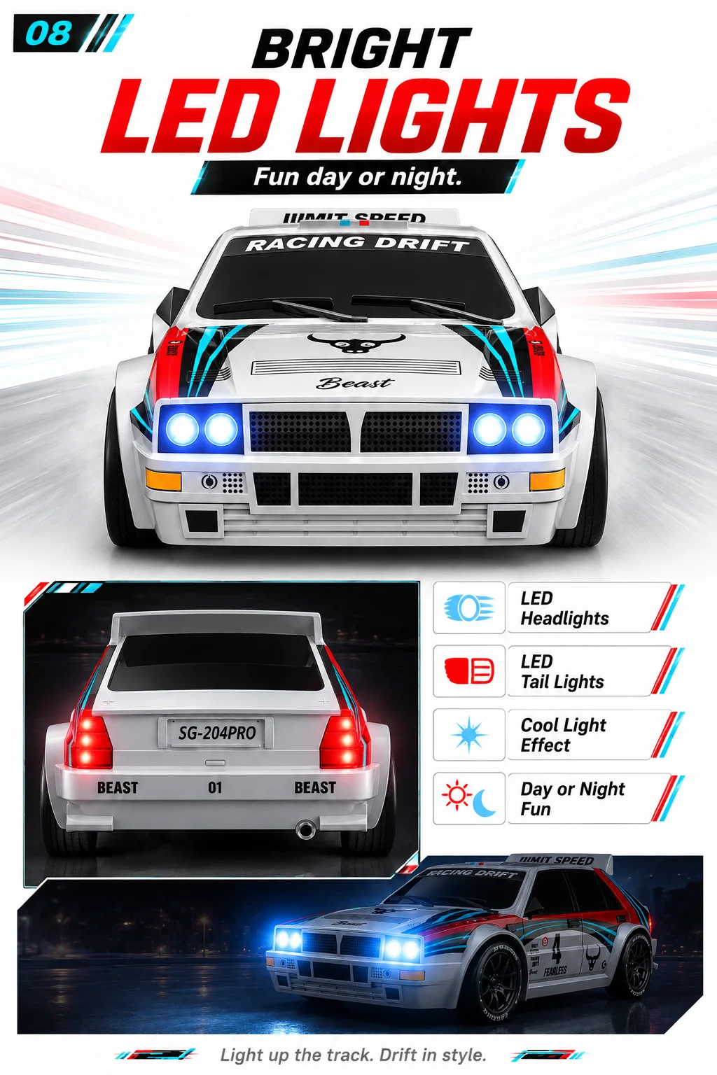 1:24 Remote Control Car Racing Mode 20Km/H Collision Resistant Drift Stunt Car Replaceable Tires Taillights 4Wd Toy Car