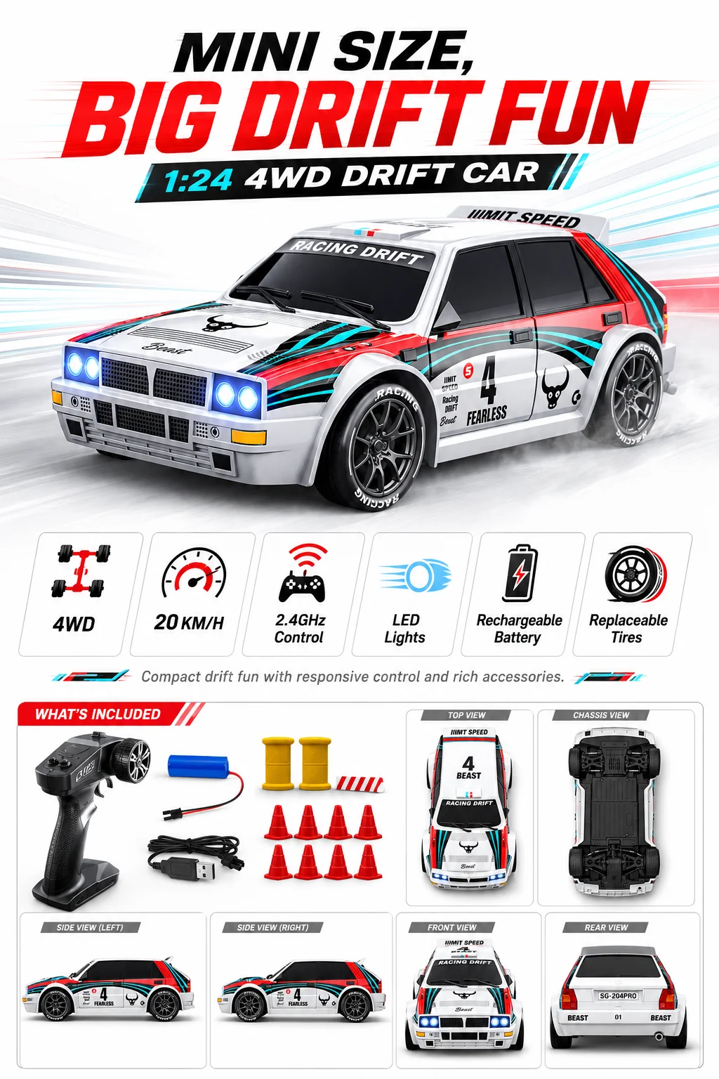 1:24 Remote Control Car Racing Mode 20Km/H Collision Resistant Drift Stunt Car Replaceable Tires Taillights 4Wd Toy Car