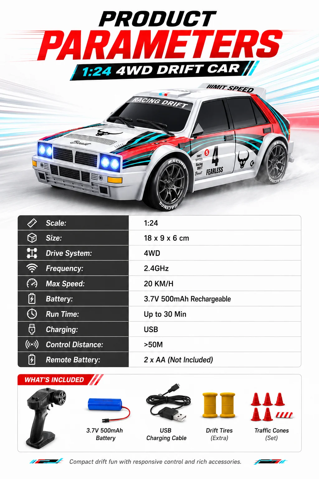 1:24 Remote Control Car Racing Mode 20Km/H Collision Resistant Drift Stunt Car Replaceable Tires Taillights 4Wd Toy Car
