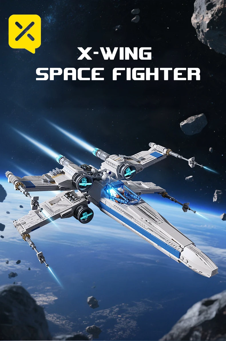 X-Wing Space Fighter Building Blocks Set Mechanical Linkage Wings Retractable Landing Gear LED Light Bricks with Pilot for Kids