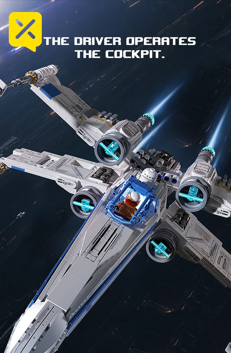 X-Wing Space Fighter Building Blocks Set Mechanical Linkage Wings Retractable Landing Gear LED Light Bricks with Pilot for Kids