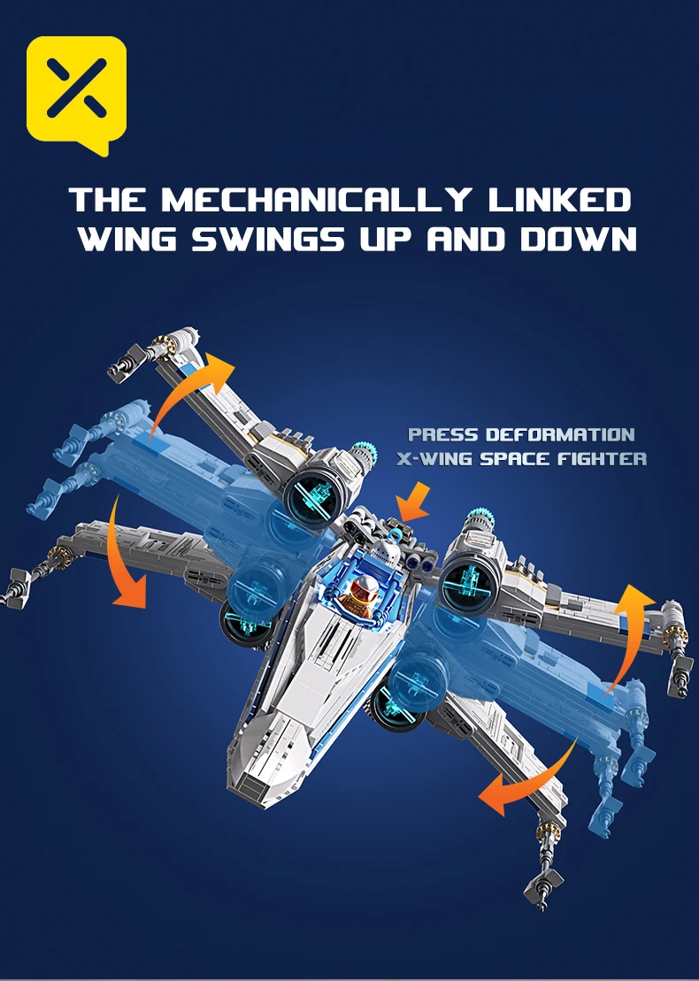 X-Wing Space Fighter Building Blocks Set Mechanical Linkage Wings Retractable Landing Gear LED Light Bricks with Pilot for Kids