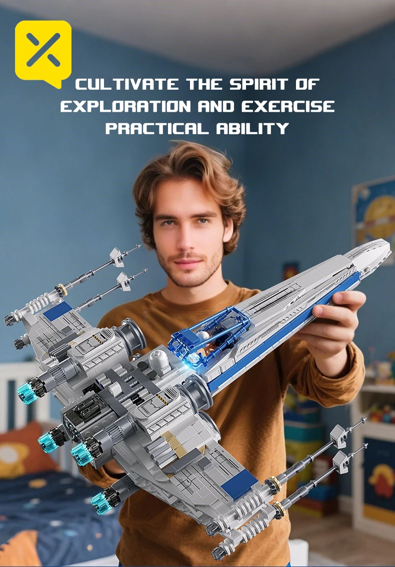 X-Wing Space Fighter Building Blocks Set Mechanical Linkage Wings Retractable Landing Gear LED Light Bricks with Pilot for Kids