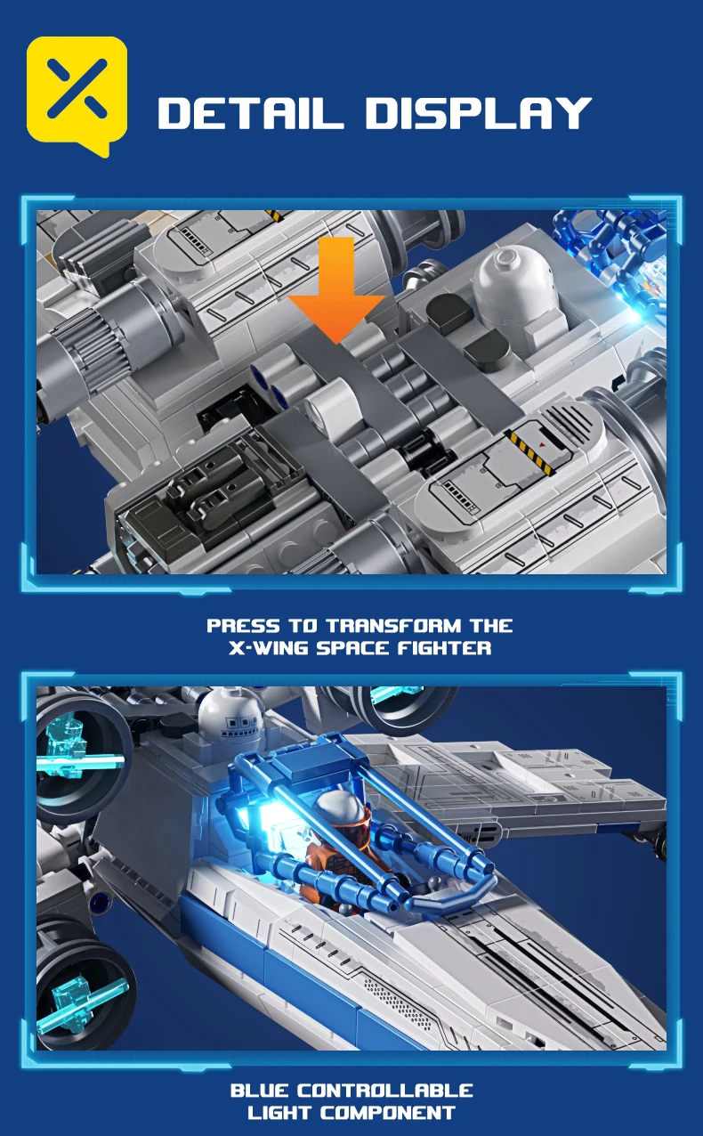 X-Wing Space Fighter Building Blocks Set Mechanical Linkage Wings Retractable Landing Gear LED Light Bricks with Pilot for Kids